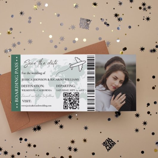 Green Boarding pass bruiloft bewaar de datum ticke Kaart