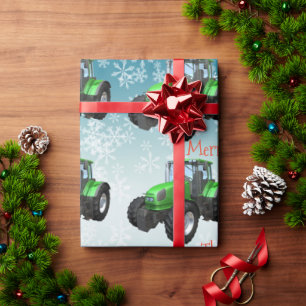 Green Boerderij Tractors op blauw Kerstmis Cadeaupapier