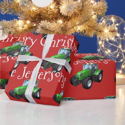Green Boerderij Tractors op rode kerst Cadeaupapier (Feestdagen)