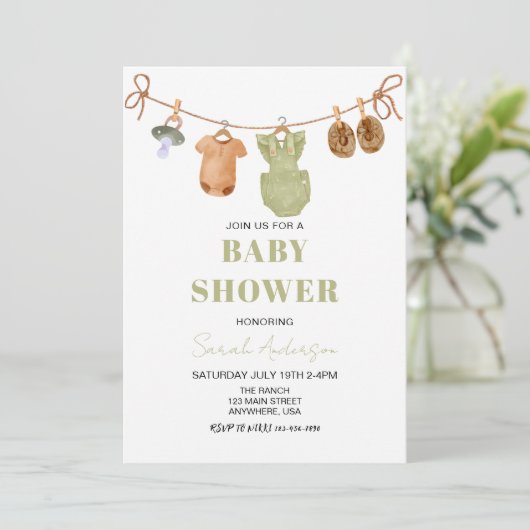 Green Boho Baby Kleding meisje Baby shower Kaart (Staand voorkant)