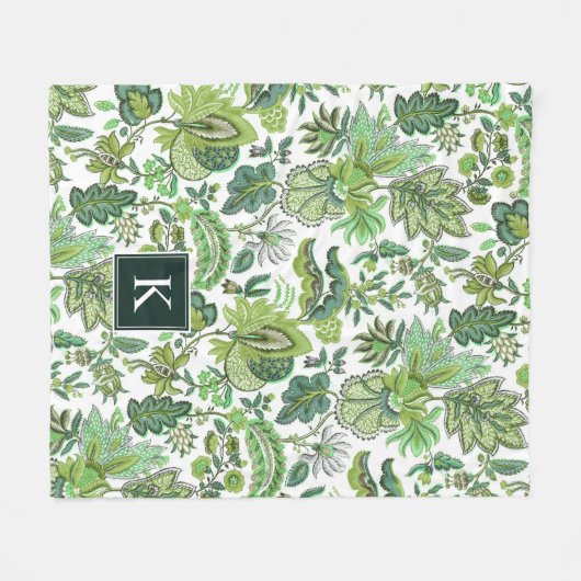 Green Boho  Floral Monogram Fleece Deken (Voorkant (Horizontaal))