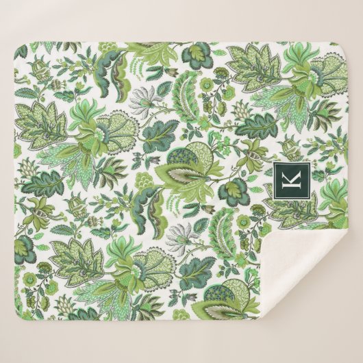 Green Boho  Floral Monogram Sherpa Deken (Voorkant (horizontaal))