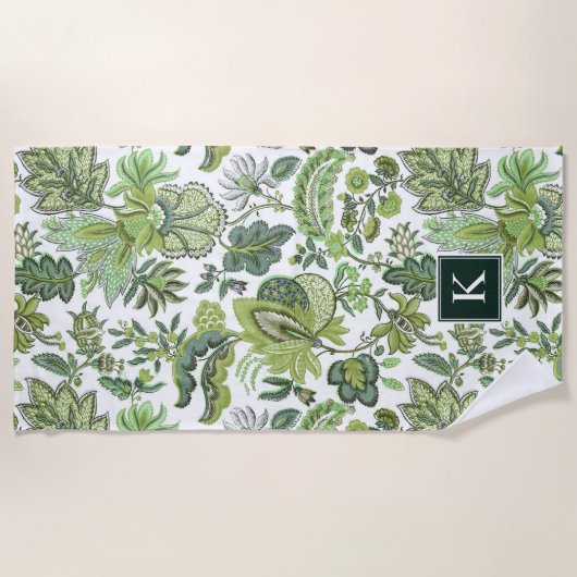 Green Boho  Floral Monogram Strandlaken (Voorkant)