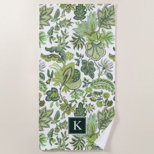 Green Boho  Floral Monogram Strandlaken (Voorkant)