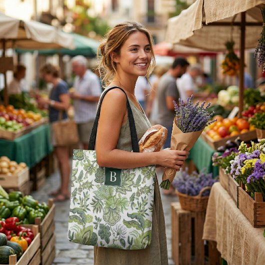 Green Boho  Floral Monogram Tote Bag