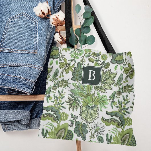 Green Boho  Floral Monogram Tote Bag