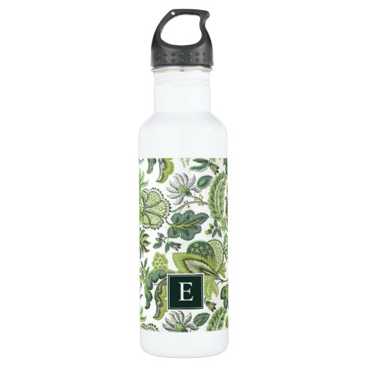 Green Boho Floral Monogram Waterfles (Voorkant)