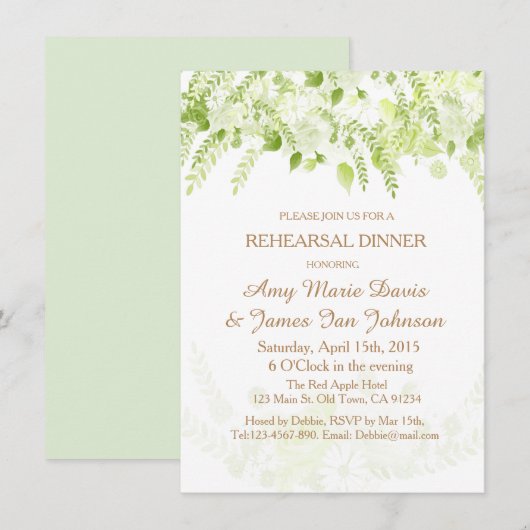 Green Boho Floral Spring Rehearsal Dinner Invite Kaart (Voorkant / Achterkant)