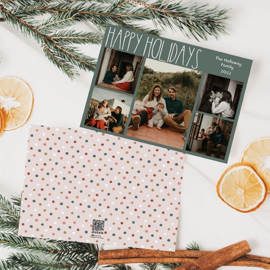 Green Boho Polka Dot Five-Photo Feestdagenkaart