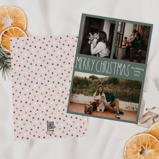 Green Boho Polka Dot Kerstmis, drie foto's Feestdagenkaart
