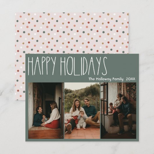 Green Boho Polka Dot Prettige feestdagen Three-Pho Feestdagenkaart (Voorkant / Achterkant)