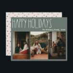 Green Boho Polka Dot Prettige feestdagen Three-Pho Feestdagenkaart<br><div class="desc">Deze groene boho polka stip prettige feestdagen drie foto's vakantiekaart is perfect voor je moderne bohemische boerderij-geïnspireerde vakantiegroet. Het klassieke rustige, maar delicate, handgetekende lettertype geeft het een oorvolle blik, terwijl het schattig en eenvoudig blijft. De polka stippen komen in de aardtoon van rood, sage groen, wazige roze, terracotta, roest,...</div>