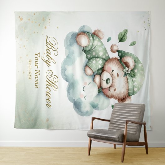Green Boho Sleeping Teddy Bear Schattige feest Wandkleed (In Situ (horizontaal))