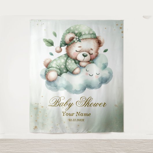 Green Boho Sleeping Teddy Bear Schattige feest Wandkleed (Voorkant)