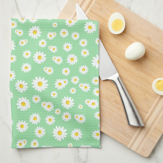 Green Boho Spring Daisies Pattern Theedoek (Quarter Fold)