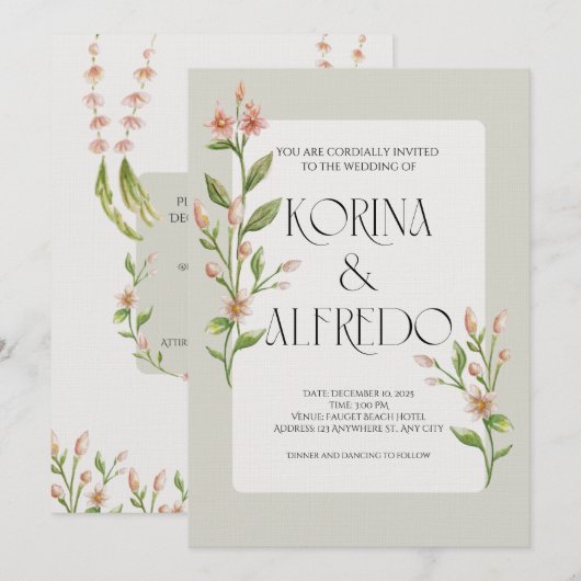 Green Boho Watercolor Botanical Wedding Invitation Kaart (Voorkant / Achterkant)