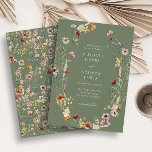 Green Boho Wedding Invitation Kaart<br><div class="desc">Sage Green Boho Wedding Invitation. Deze stijlvolle en elegante huwelijksuitnodiging is voorzien van prachtige,  met de hand geschilde waterverf wilde bloemen die op de achterkant als een mooie kreet met een coördinatiepatroon zijn gerangschikt.</div>