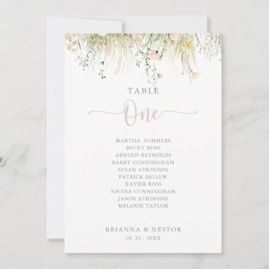 Green Boho Wildflower tafel nummer 1 Zitplaatskaar Kaart (Voorkant)