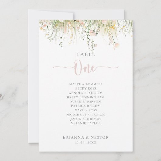 Green Boho Wildflower tafel nummer 1 Zitplaatskaar Kaart (Achterkant)