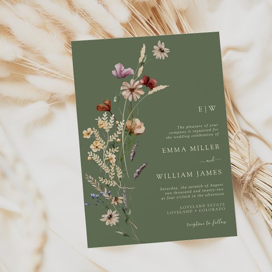 Green Boho Wildflower Wedding Kaart