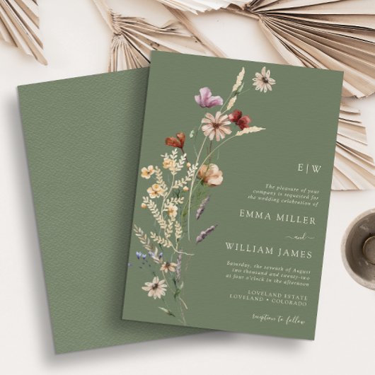 Green Boho Wildflower Wedding Kaart
