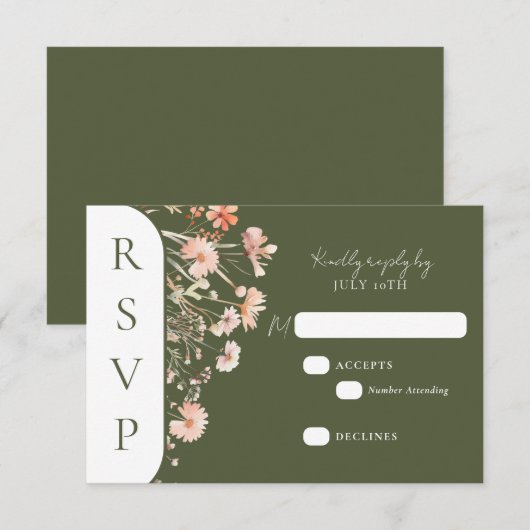 Green Boho Wildflower Wedding RSVP Kaartje (Voorkant / Achterkant)