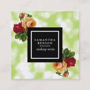 Green Bokeh Glitter Sparkles Floral Makeup Artist Vierkante Visitekaartje