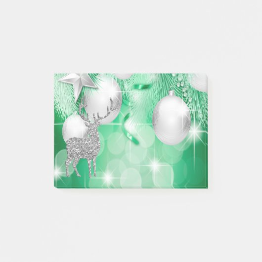 Green Bokeh Ornament Balls Silver Reindeer Joy Post-it® Notes (Voorkant)