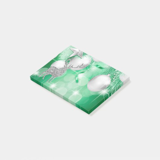 Green Bokeh Ornament Balls Silver Reindeer Joy Post-it® Notes (Schuin)
