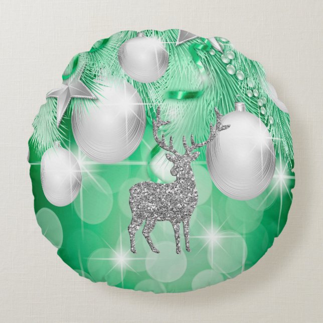 Green Bokeh Ornament Balls Silver Reindeer Rond Kussen (Voorkant)