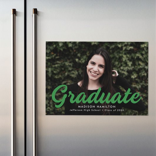 Green | Bold Script Photo Graduation Announcement Magnetische Uitnodiging