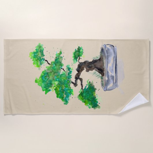 Green Bonsai Waterverf Beige Beach Towel Strandlaken (Voorkant)