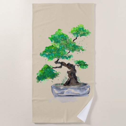 Green Bonsai Waterverf Beige Beach Towel Strandlaken (Voorkant)