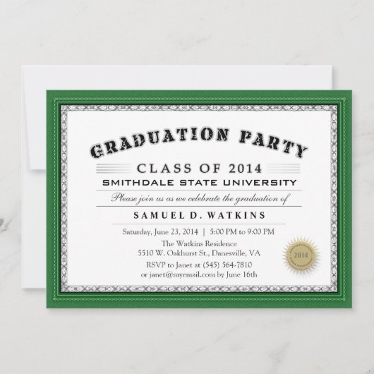 Green Border 2014 Diploma Graduation Party Invite Kaart (Voorkant)