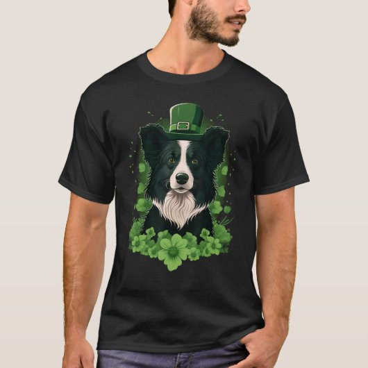 Green Border Collie shamrock St Patricks Day Borde T-shirt (Voorkant)