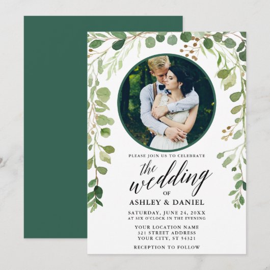 Green Botanical Calligraphy Photo Wedding Kaart (Voorkant / Achterkant)