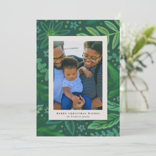 Green Botanical kerstfotokaart (Staand voorkant)