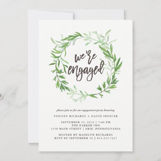 Green Botanical Leaves Wreate Engagement Party Kaart (Voorkant)