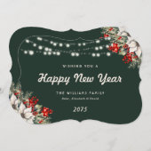 Green Botanical String Lights New Year Card Feestdagenkaart (Voorkant / Achterkant)