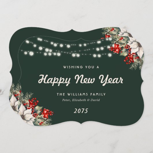 Green Botanical String Lights New Year Card Feestdagenkaart (Voorkant / Achterkant)