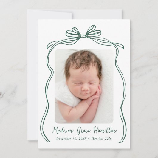 Green Bow 2 Foto Geboorte Aankondiging (Voorkant)
