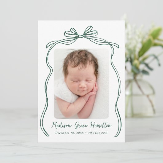 Green Bow 2 Foto Geboorte Aankondiging (Staand voorkant)