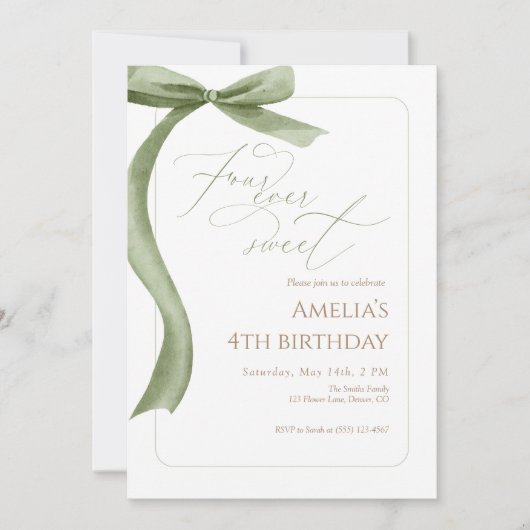 Green Bow 4th Birthday Invitation Four Ever Sweet Kaart (Voorkant)