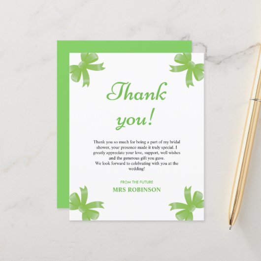 Green Bow Bridal Shower Thank You Card (Voorkant / Achterkant in situ)