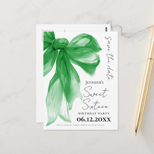 Green Bow Coquette Sweet 16 Save the Date  Briefkaart (Voorkant / Achterkant in situ)