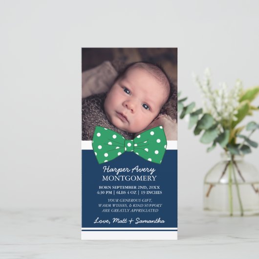 Green Bow Custom Photo Baby shower Hartelijk dank Bedankkaart (Staand voorkant)