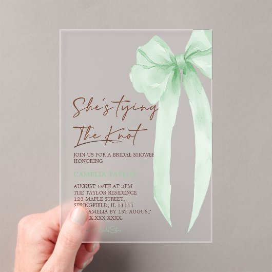 Green Bow Elegant Vrijgezellenfeest Acryl Uitnodigingen (Insitu (Draagbaar))