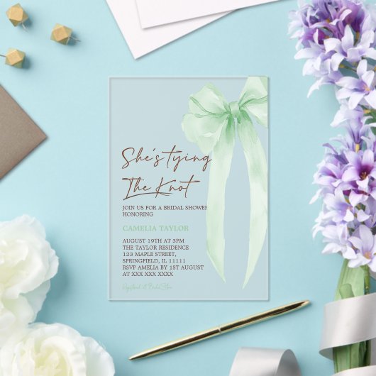 Green Bow Elegant Vrijgezellenfeest Acryl Uitnodigingen (Insitu (Huwelijk))