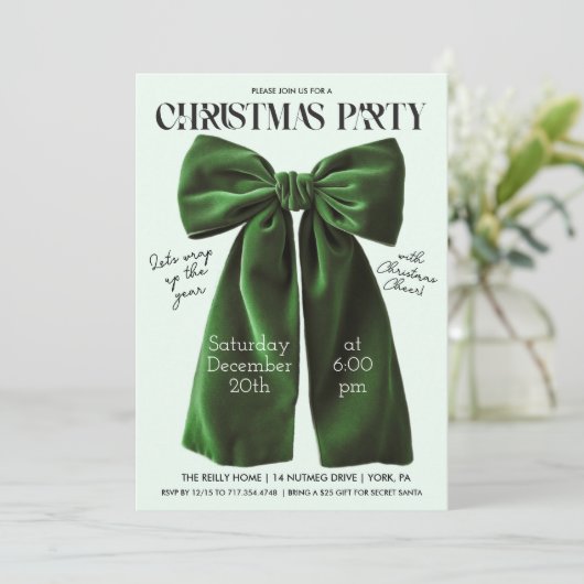 Green Bow Holiday Kerstuitnodiging Kaart (Staand voorkant)