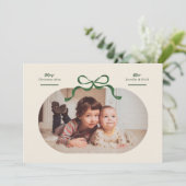 Green Bow Merriest Christmas Oval Photo Flat Feestdagenkaart (Staand voorkant)